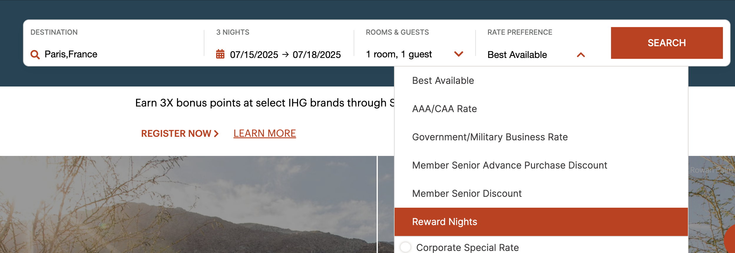 screenshot of a Paris hotel search on the IHG main page